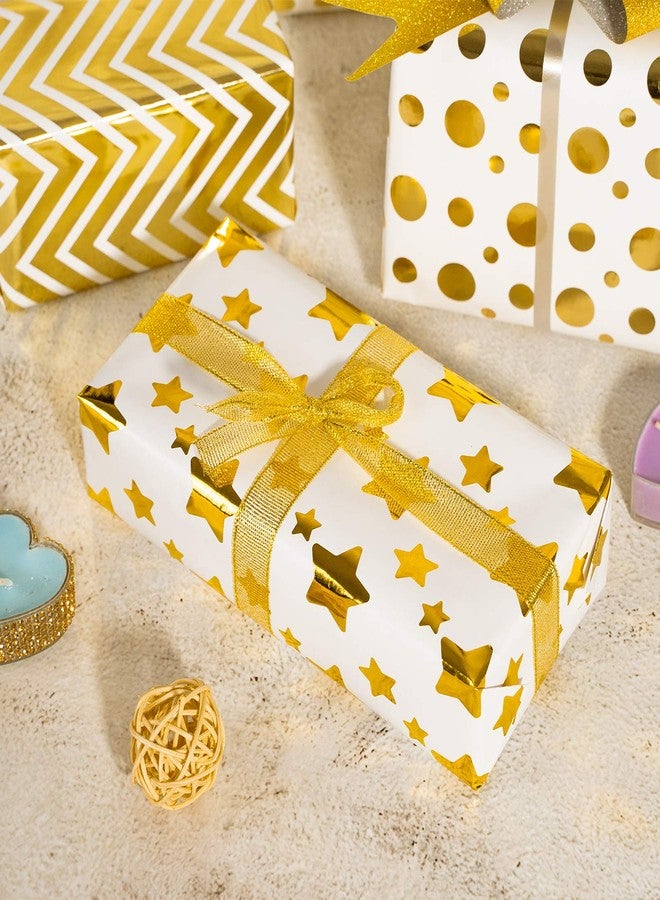 وولاين ورق تغليف هدايا ذهبي مخطط بنجوم، 8 ورقات من ورق التغليف الذهبي والأبيض مع 10 فيونكات سحب و24 ياردة من شريط لامع، ورق تغليف فني مزخرف برقائق ذهبية متنوعة لعيد الميلاد وحفلات الأعياد - Image 5